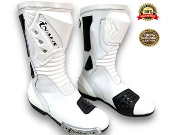 Full White Inahs Motorbike Leather Racing Safety Boots Motorcycle Riding Shoes for Bikers