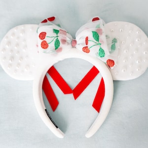 White Mickey Ears, Cherry Bow, Disney Ears, Disney Headband, Cherries