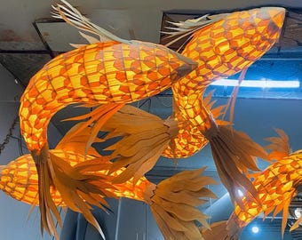 Fisch Pendelleuchte Holzfurnier Fisch Hängelampe Wandhalterung Gewebte Fisch Kronleuchter Beleuchtung Handgefertigte Rustikale Fisch Lichtdekoration