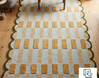 Hand-Tufted Wool Area Rug, Light Blue Plaid with Scalloped Edges