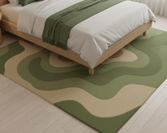 Handgetufteter Wollteppich: Gewelltes Grün-Beige Bio-Design