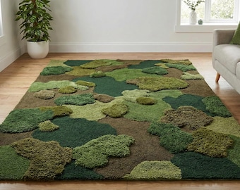 Hand Tufted Wool Moss Rug | 3D Forest, Green Nature Carpet