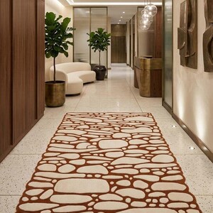 Hand Tufted Wool Runner Rug, Abstract Pebble Pattern, Rust Orange Cream Hallway Carpet