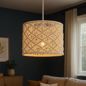 Handmade Macrame Lamp Shade | Boho Ceiling Pendant Light | Woven Rope Light for Bedroom, Nursery, Living Room | Rustic Home Decor