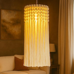 Macrame Pendant Light Handmade Fringe Chandelier, Woven Ceiling Lamp for Bedroom, Living Room, Minimalist & Rustic Boho Decor, Lamp Shades