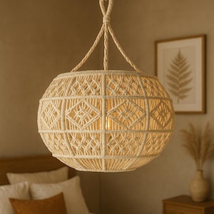 Handgefertigter Makramee-Lampenschirm - Boho Hängelampenschirm | Natürliche Baumwolle Deckenleuchte | Boho Wohnkultur | Vintage Wohndekor