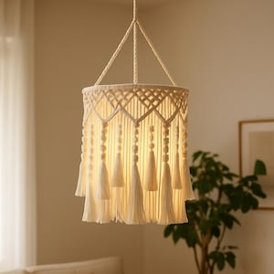 Puede incluir: Lámpara colgante de macramé color crema con diseño geométrico y borlas colgantes. La lámpara está suspendida de un cable blanco y cuelga sobre un sofá beige con cojines naranjas y crema. Se ve una planta en maceta en el fondo.