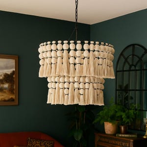 Boho Macrame Chandelier: Beaded Pendant Light, Neutral Bohemian Decor