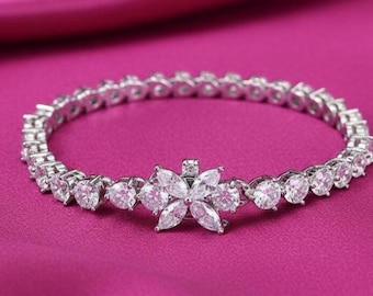 Moissaniet tennisarmband met bloemen, 14k witgoud verguld bloemontwerp, rond en marquise gesneden bruidssieraden cadeau voor haar