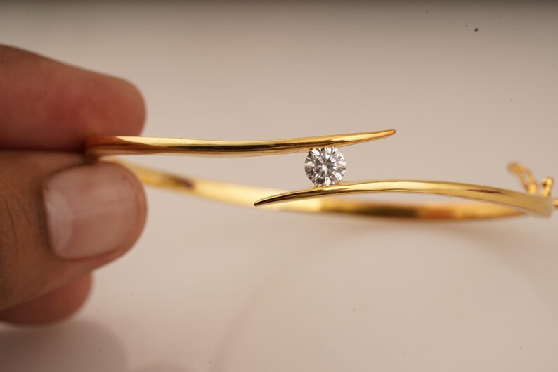 Single Diamond Bangle, 14k Gold Plated Moissanite Bracelet, Handmade Round Shape Womens Bangle, 925 Sterling Silver Wedding Gift For Her
