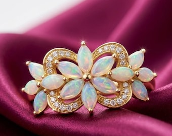 Anillo vintage de ópalo floral, anillo llamativo de ópalo dorado, anillo de ópalo marquesa con forma de flor, joyería art déco de ópalo, regalo de anillo de novia para ella, anillo de lujo