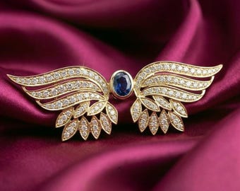 Angel Wing Brooch, Blue Sapphire Pin, Moissanite Statement Brooch, 14k Gold Plated Bird Wing Brooch, Vintage Inspired Jewelry Gift for Her