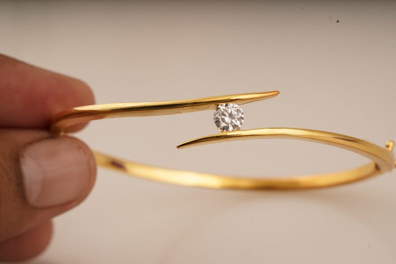 Single Diamond Bangle, 14k Gold Plated Moissanite Bracelet, Handmade Round Shape Womens Bangle, 925 Sterling Silver Wedding Gift For Her