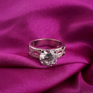 Solitaire Diamond Ring: 14K White Gold Plated, Sterling Silver