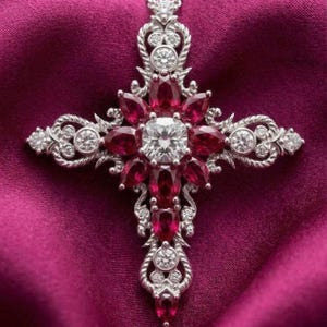 May include: A silver-toned cross pendant featuring a central round-cut clear stone surrounded by pear-shaped deep red stones. The ornate metalwork is accented with small, round clear stones arranged in intricate scroll patterns throughout.