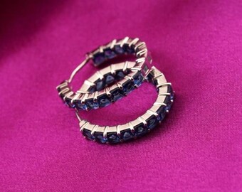 Handmade Blue Sapphire Hoop Earrings: 925 Sterling Silver, 14k White Gold Plated