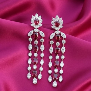 Red Garnet & Diamond Chandelier Earrings, 14K White Gold Plated Luxury Drop Earrings, Elegant Gift for Her