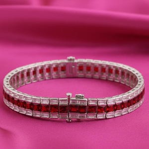 Red Ruby Tennis Bracelet, Emerald Cut Red Stone Bracelet, 925 Sterling Silver Diamond Look Bracelet, Elegant Gift for Her