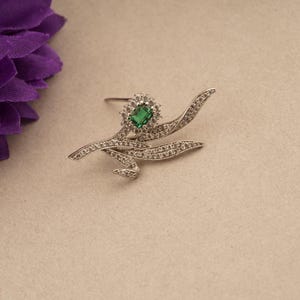Emerald Gemstone Brooch: 14k White Gold Plated Halo, Sterling Silver