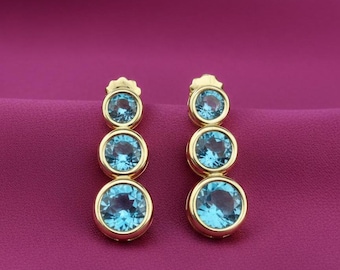 Drievoudige ronde oorbellen met blauwe topaas, 14k gouden afwerking elegante ring statement oorbellen voor vrouwen, bruids verlovingsoorbellen, cadeau voor haar