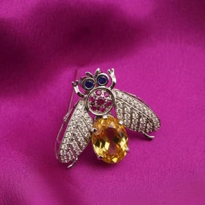 Broche de abeja vintage con detalles de citrino amarillo y rubí, joyería de insectos de plata de ley 925, regalo para ella