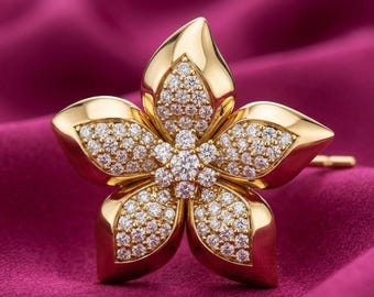 Moissanite Flower Brooch Pin, Luxury Floral Brooch, 14K Yellow Gold Plated Statement Jewelry, Elegant Vintage Inspired Gift For Her