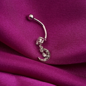 Moissanite Moon Sparkle Belly Ring, Handmade Dainty Navel Piercing, 925 Sterling Silver Dangle Belly Rings