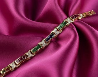 Princess Cut Emerald Sapphire Ruby tennisarmband, 14K geelgoud verguld 925 sterlingzilver, kleurrijk edelsteen jubileumcadeau