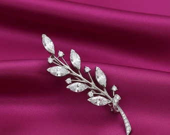 Vintage Leaves Design Brooch, 14k White Gold Plated Moissanite Pin, Elegant Sparkling Crystal Jewelry Gift for Her