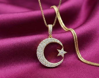 Naszyjnik z wisiorkiem w kształcie półksiężyca z gwiazdą, pozłacany 14-karatowym żółtym złotem, biżuteria islamska, zawieszka z księżycem i gwiazdą, minimalistyczny prezent dla niej