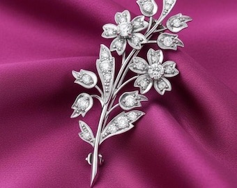 Luxury Flower Shine  Brooch, 14k White Gold Plated Moissanite Pin, 925 Sterling Silver Elegant Sparkling Crystal Jewelry Gift for Her