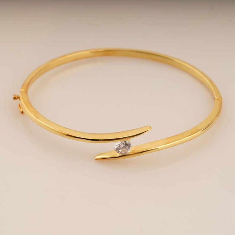 Single Diamond Bangle, 14k Gold Plated Moissanite Bracelet, Handmade Round Shape Womens Bangle, 925 Sterling Silver Wedding Gift For Her