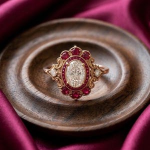 May include: An oval-cut center diamond ring featuring a halo of small round red rubies and intricate gold filigree metalwork. The ring includes two small accent diamonds on the sides, set within a decorative, ornate gold band design.