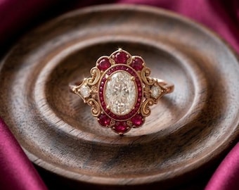 May include: An oval-cut center diamond ring featuring a halo of small round red rubies and intricate gold filigree metalwork. The ring includes two small accent diamonds on the sides, set within a decorative, ornate gold band design.