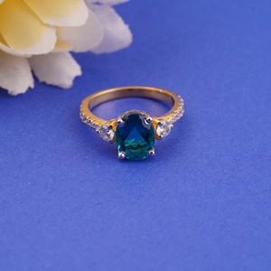 Blue Topaz Diamond Ring , Three Stone Oval Shape Ring 14K Yellow Gold Plated Handmade Engagement Ring For Women 925 Sterling Gift For Her