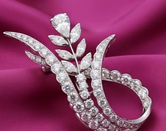Curvy Artistic Moissanite Brooch, 925 Sterling Silver 14k White Gold Plated Floral Pin, Elegant Statement Jewelry Gift for Her