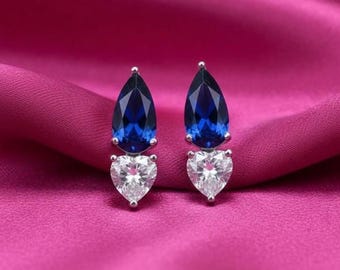 ペアカットブルーサファイア＆ハートダイヤモンドスタッドピアス、925スターリングシルバーのエレガントなドロップピアス、ブライダルギフトジュエリー