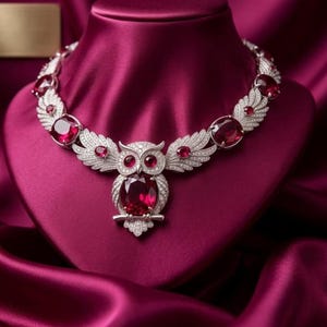May include: A silver-toned necklace featuring a central owl pendant with a large oval red gemstone body and two smaller round red gemstone eyes. The wings and chain are encrusted with clear stones and accented by additional round red gemstones.