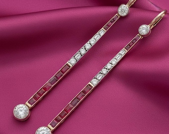 Kolczyki wiszące w stylu art déco z rubinem i moissanitem o masie 1,95 ct, pozłacana 14-karatowym złotem biżuteria ślubna w stylu vintage, kolczyki zaręczynowe, elegancki prezent dla niej