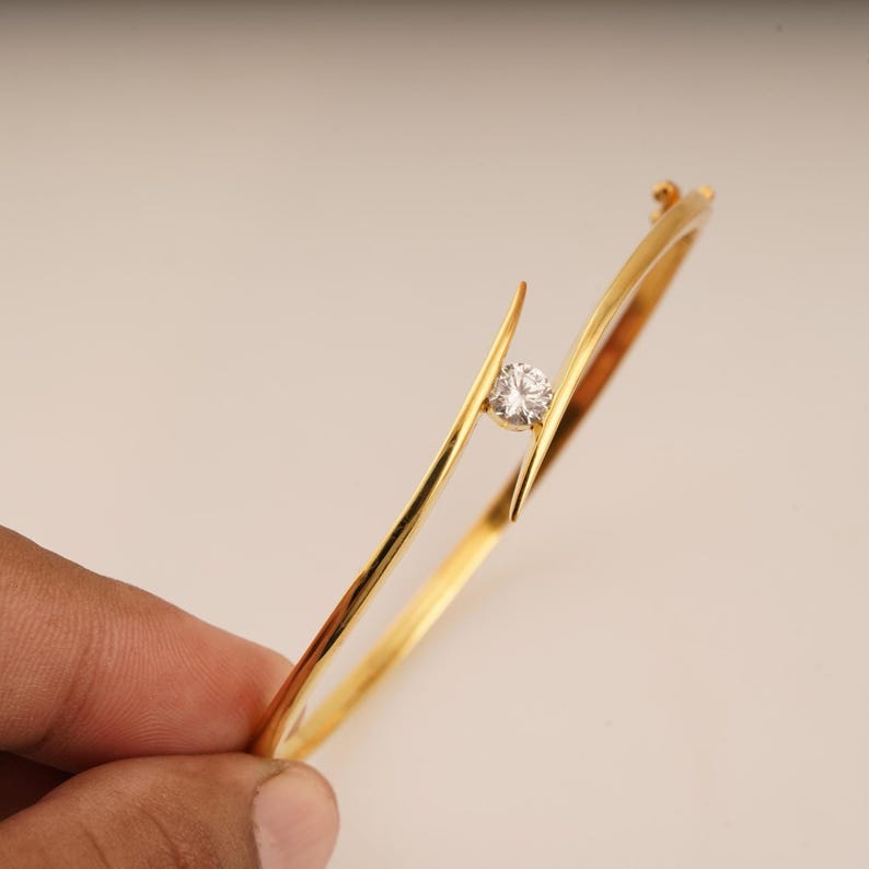 Single Diamond Bangle, 14k Gold Plated Moissanite Bracelet, Handmade Round Shape Womens Bangle, 925 Sterling Silver Wedding Gift For Her