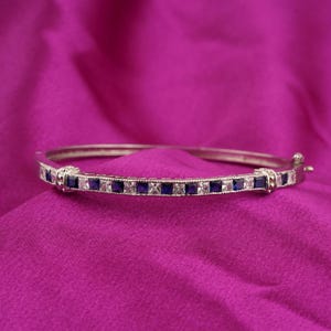 Blue Sapphire Bangle Bracelet: 925 Sterling Silver, 14k White Gold Plated