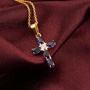 Blue Sapphire Cross Pendant, 14K Gold Plated Sterling Silver Religious Necklace