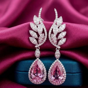Rosa safirhängen, brudörhängen i stil med uttalandeörhängen, 14k vitguldpläterade örhängen, bröllopsörhängen, present till henne