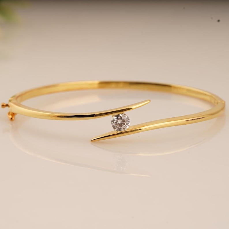 Single Diamond Bangle, 14k Gold Plated Moissanite Bracelet, Handmade Round Shape Womens Bangle, 925 Sterling Silver Wedding Gift For Her