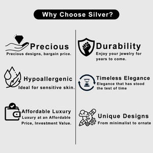 Op de afbeelding: Een grafiek met de tekst "Waarom kiezen voor zilver?" somt de voordelen van zilveren sieraden op. De voordelen zijn onder meer kostbare ontwerpen, duurzaamheid, hypoallergene eigenschappen, tijdloze elegantie, betaalbare luxe en unieke ontwerpen.