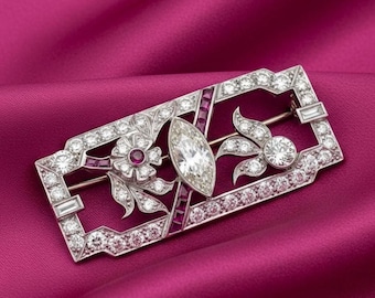 Broche floral de rubí y moissanita estilo Art Déco, plata de ley 925 chapada en oro blanco de 14k, broche geométrico, joya vintage, regalo para ella
