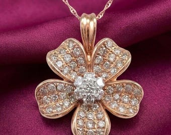 Wisiorek z moissanitem w szlifie okrągłym, naszyjnik z dwukolorowego złota 14K, wisiorek z kwiatowym wzorem w kształcie diamentów, elegancki prezent dla niej, delikatna biżuteria z kwiatami