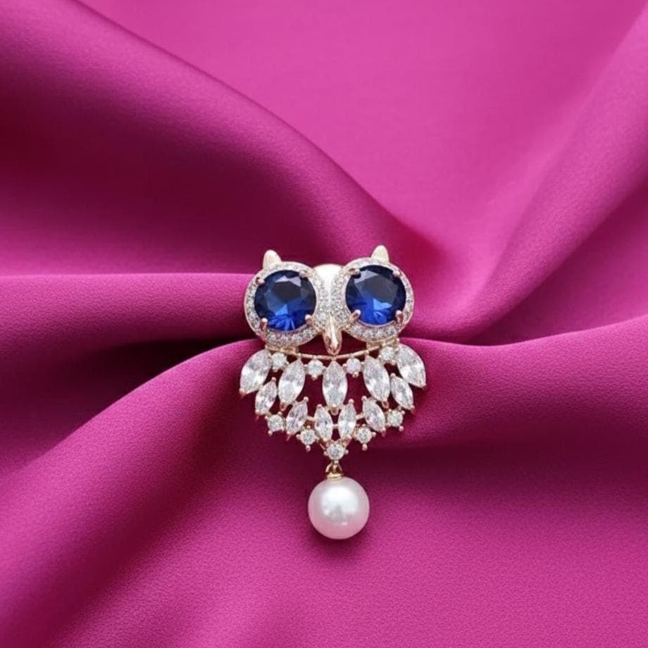 Blue Sapphire Owl Brooch Pin with Pearl Drop, 14K Gold Plated Crystal Bird Brooch, Vintage Statement