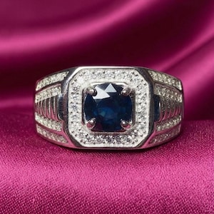 Men’s Blue Sapphire Ring, Round Cut Engagement Ring, 14K White Gold Finish, Vintage Style Statement Ring, Anniversary Gift for Him