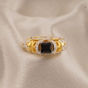 Black Onyx Moissanite Ring, 14k Gold Plated, 925 Sterling Silver Wedding Jewelry
